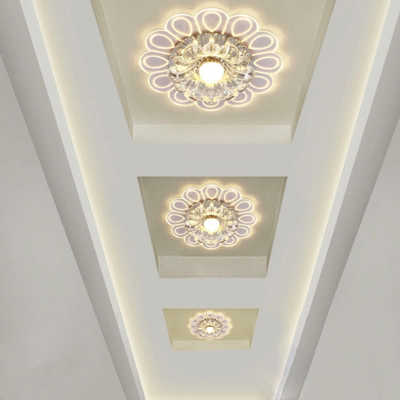 White Flower Flush Light Modernist LED Crystal Ceiling Lamp in Warm/White/Multi Color Light with Peacock Pattern