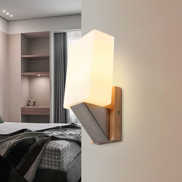 Modern Concise 1-Light Wall Lamp Wooden Geometric Wall Sconce with Glass Shade