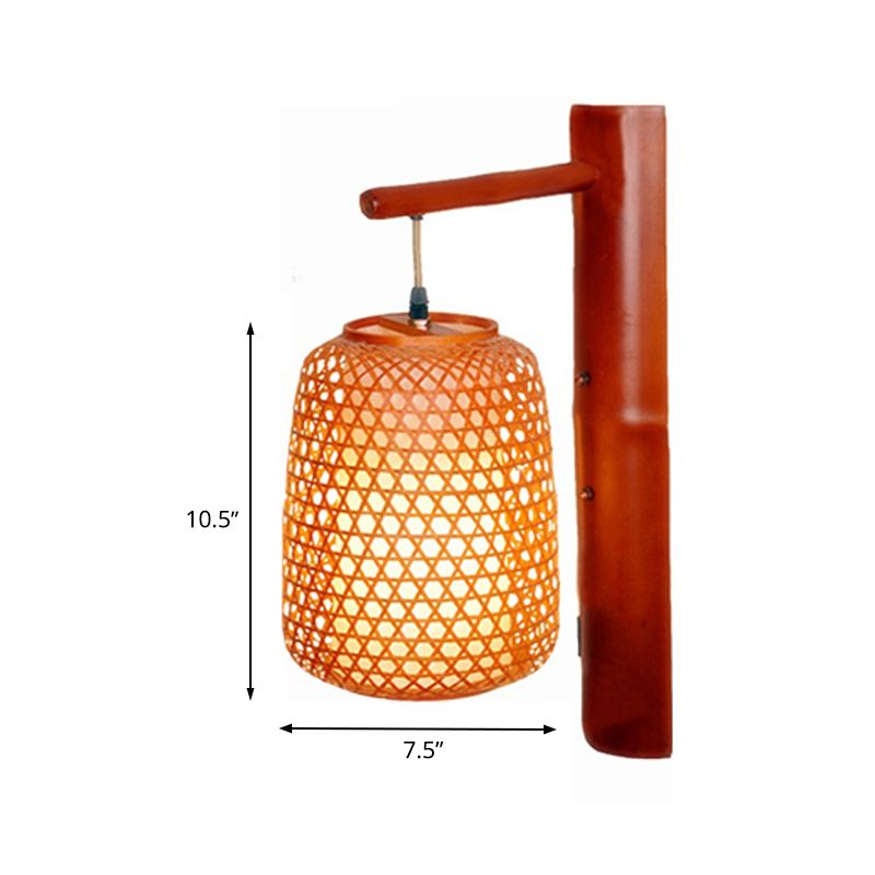 Handmade Bamboo Sconce Asia 1 Bulb Red Brown Wall Mount Light Fixture with Inner Tubular White Parchment Shade