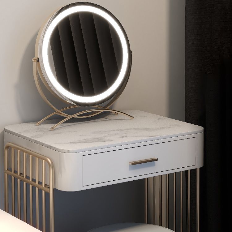 Glam Vanity Desk in White with Drawers Dressing Table with Metal Base