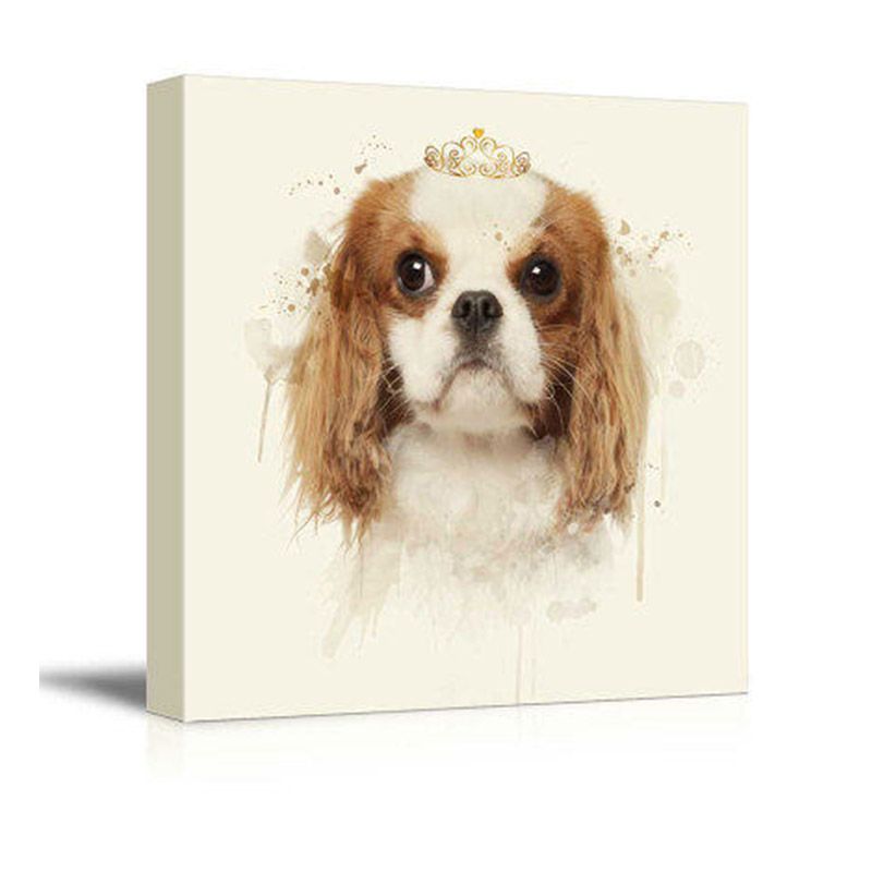Kids Princess Beagle Art Print Yellow-Brown Puppy Dog Painting Wall Decor for Room