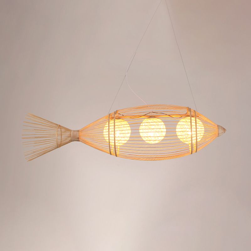 Chinese Fish Shaped Pendant Lamp Bamboo 3 Lights Bistro Chandelier with Ball Shade Inside in Wood