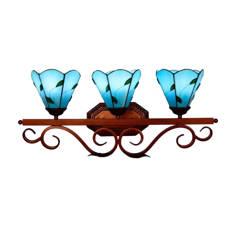 Copper 3 Bulbs Vanity Lamp Tiffany Blue Paneled Glass Flower Sconce Light Fixture