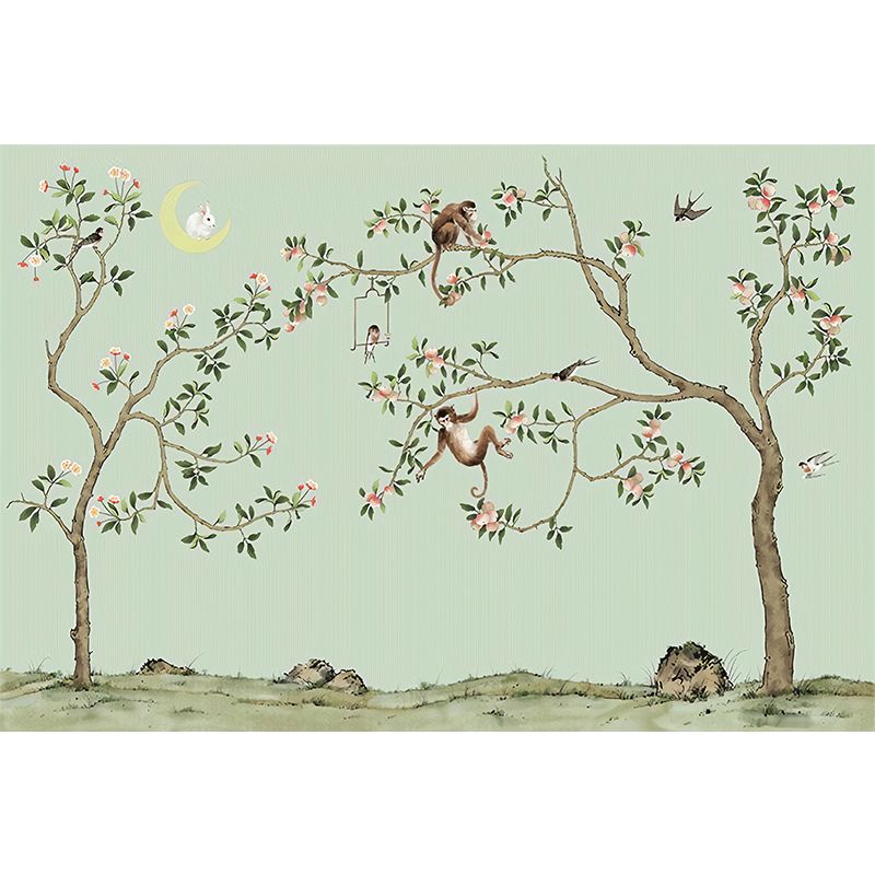 Green Tree and Monkey Mural Wallpaper Water-Resistant Wall Covering for Living Room