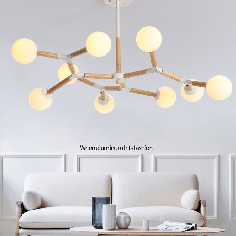 Lampadario molecolare nordico in legno soggiorno luce a sospensione con sfera di vetro opale
