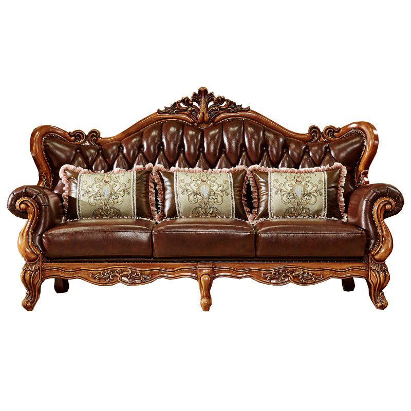 Ornate Traditional Tufted Split-Back Seating Flared Arm Sofa with Pillows in Brown