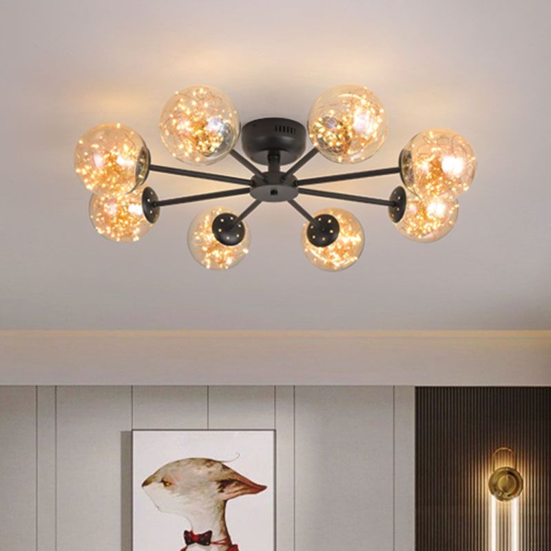 Simple LED Starry Semi Flush Mount Black Globe Ceiling Light Fixture with Glass Shade