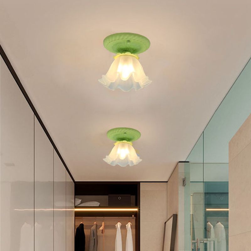 Wit/Groen/Roze Bloemenplafondlamp Pastorale Stijl Mat Melkachtig Glas 1-Lamp Gangpad Inbouwlamp