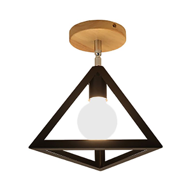 Vintage Style Wire Cage Semi Flush Mount mit Dreiecksschirm 1 Licht Metallhalbbündige Deckenbefestigung in Schwarz/Weiß