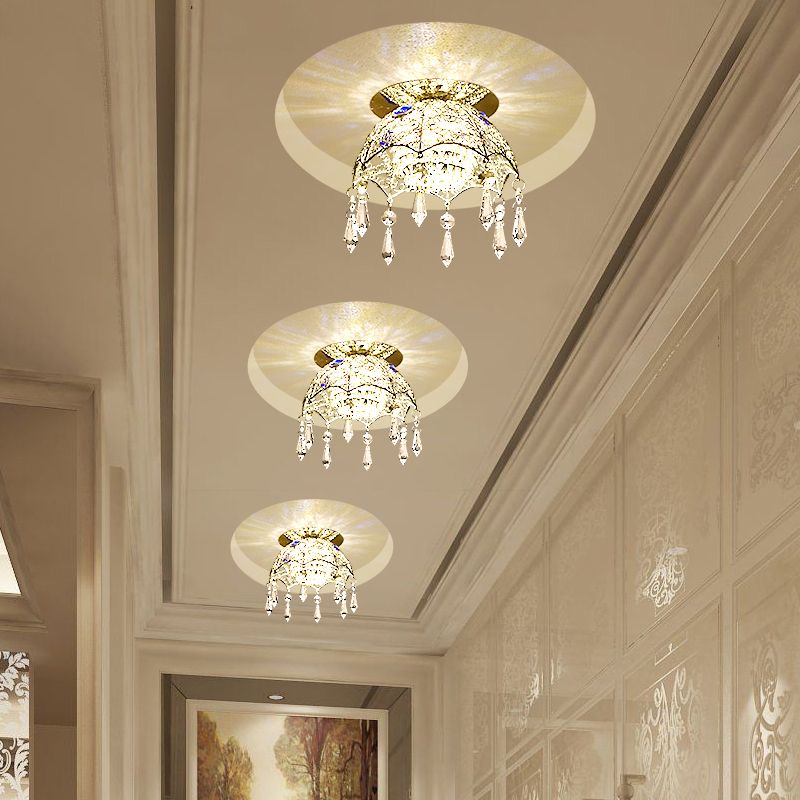 Minimal LED Ceiling Lamp Chrome Scalloped Dome Flush Mount Light with Crystal Shade in Warm/White Light