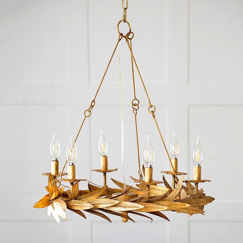 Gold 6 Lights Ceiling Pendant Light Vintage Metal Candle Chandelier Lamp with Garland Design