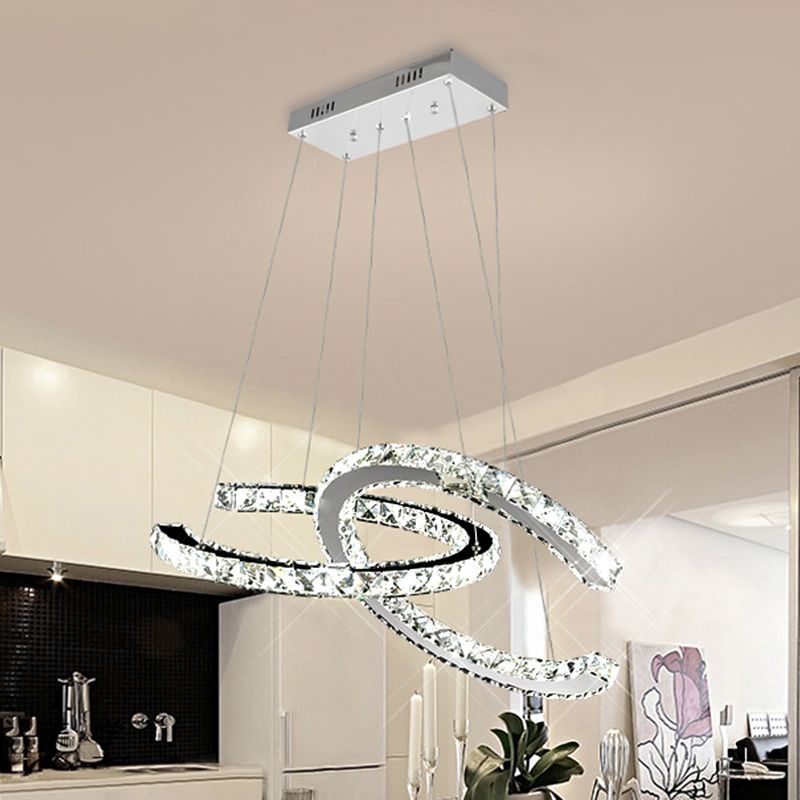 Simplicity LED Hanging Ceiling Lamp Stainless-Steel C-Shape Multi Pendant with Crystal Shade in Warm/White Light