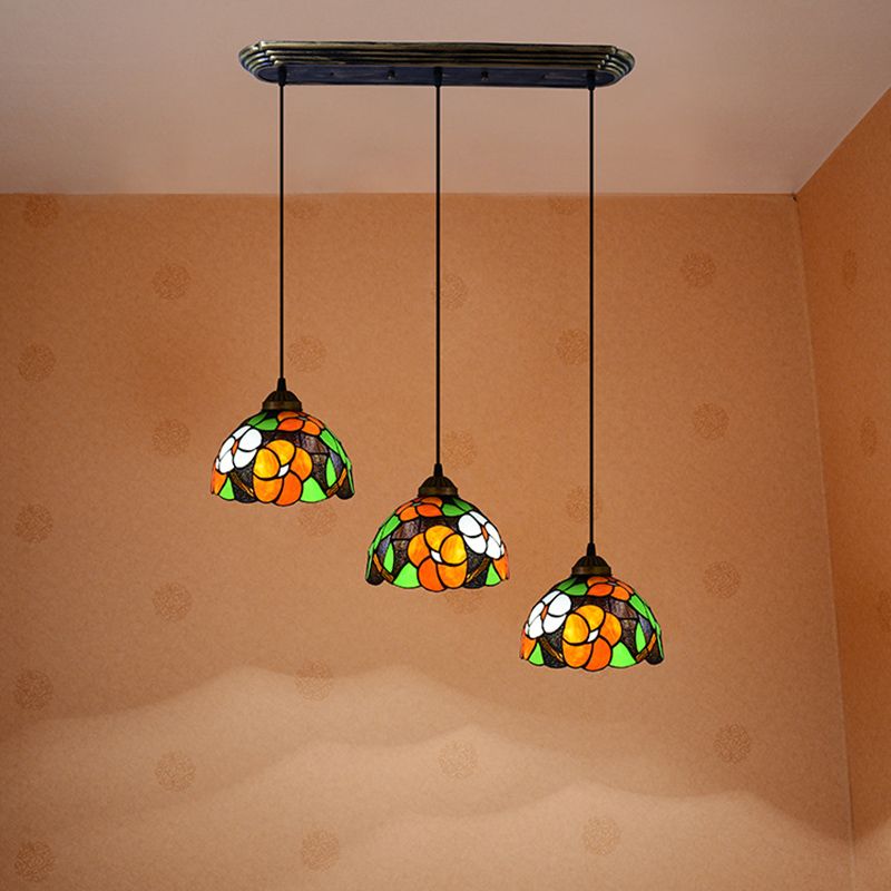 Dome Shade Stained Art Glass Multi Light Pendant Vintage 3 Bulbs Orange Hanging Lighting