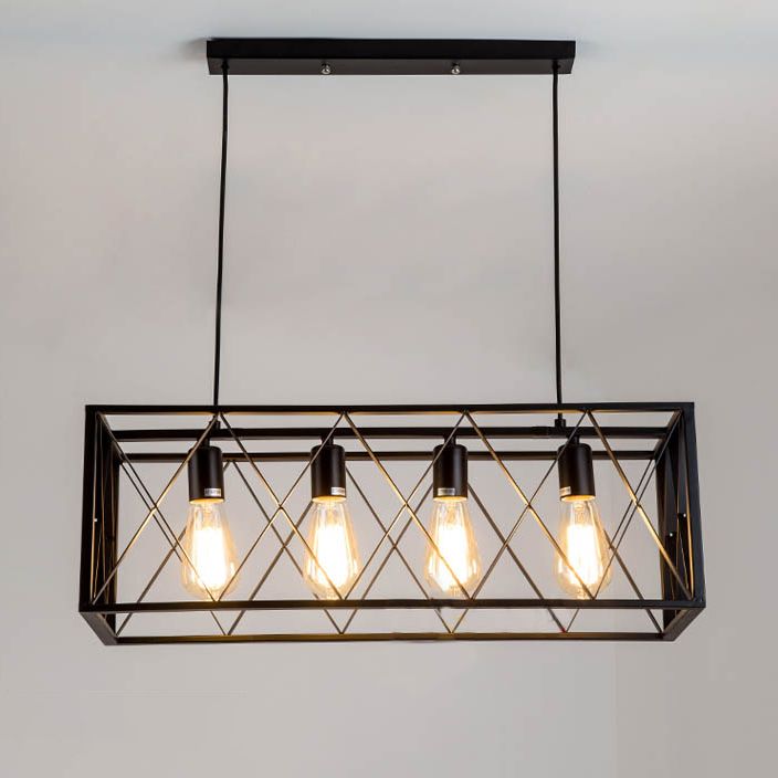 Black Cage Linear Chandelier 4/6 Lights Industrial Island Pendant Lights for Living Room
