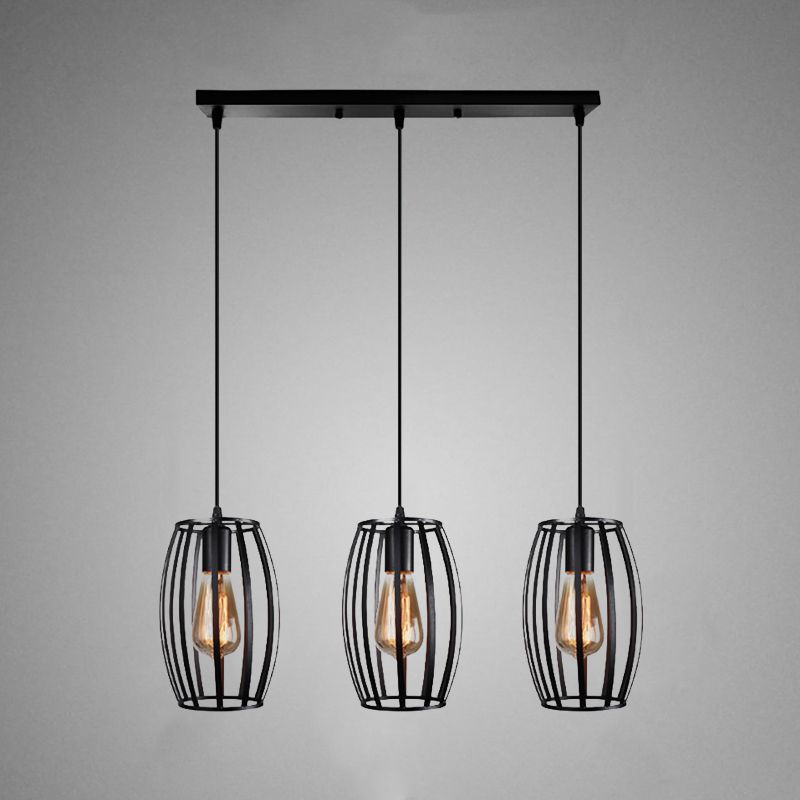 Iluminación colgante ovalada en blanco/negro loft elegante metal 3 luces 3 luces de techo colgante de interior con tono jaula y dosel lineal