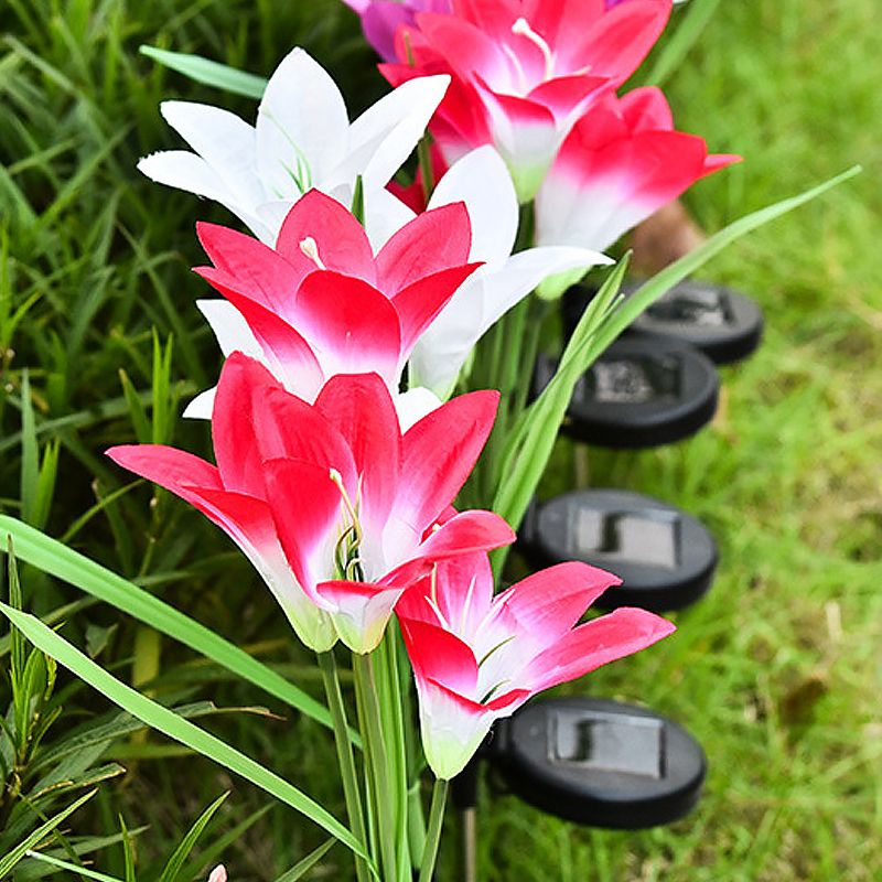 4-Bulb Lawn Ground Light Modern White/Purple/Red Solar LED Path Lamp with Artificial Lily Fabric Shade, 2 Packs