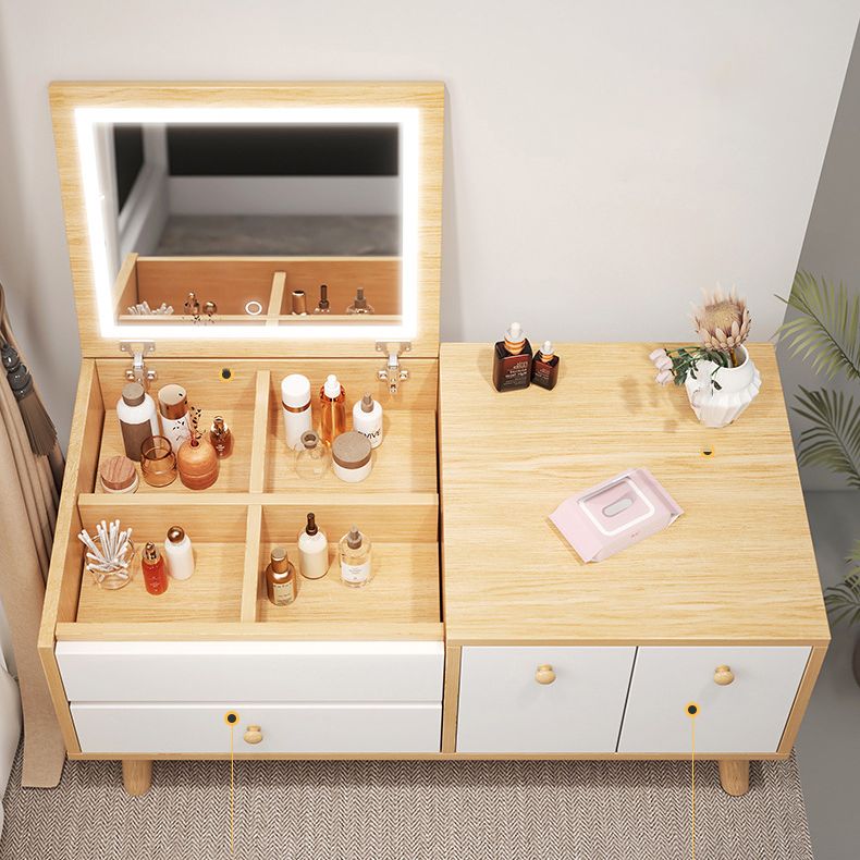 Contemporary Natural Bedroom Solid Wood Mirror With Drawer Makeup Vanity Set