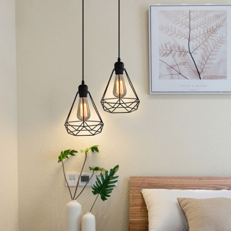Diamond Iron Iron Cluster Accensione a sospensione Nordic Retro 1 Light Restaugh Hanging Lampada in nero