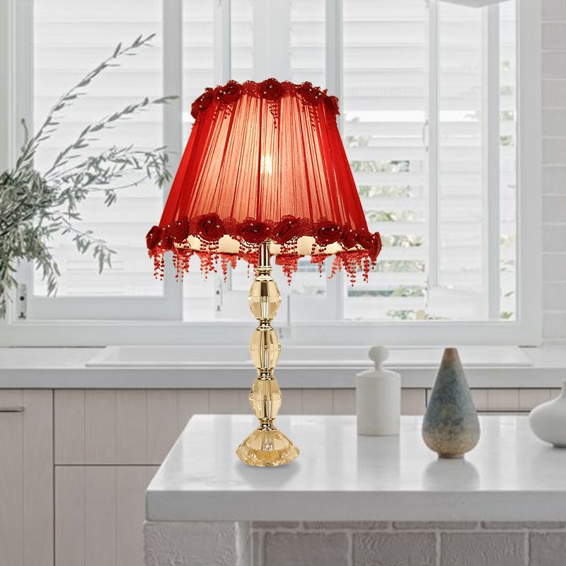 1 Bulb Table Light Traditionalism Flower Prismatic Crystal Night Lamp in Red for Living Room