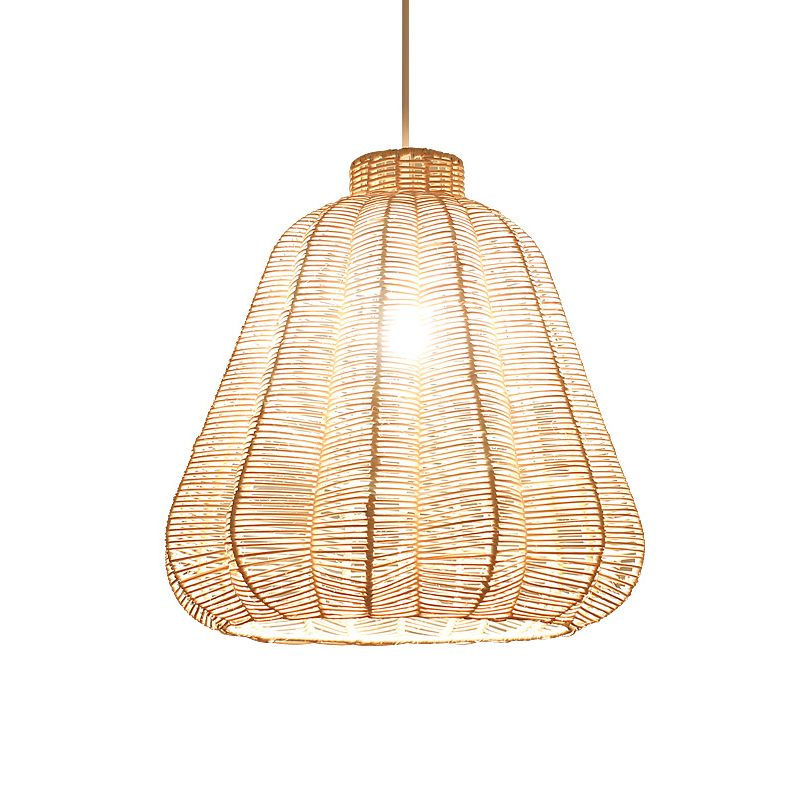 Tapered Ceiling Lighting Asian Style Rattan 1 Bulb Wood Hanging Lamp for Restaurant