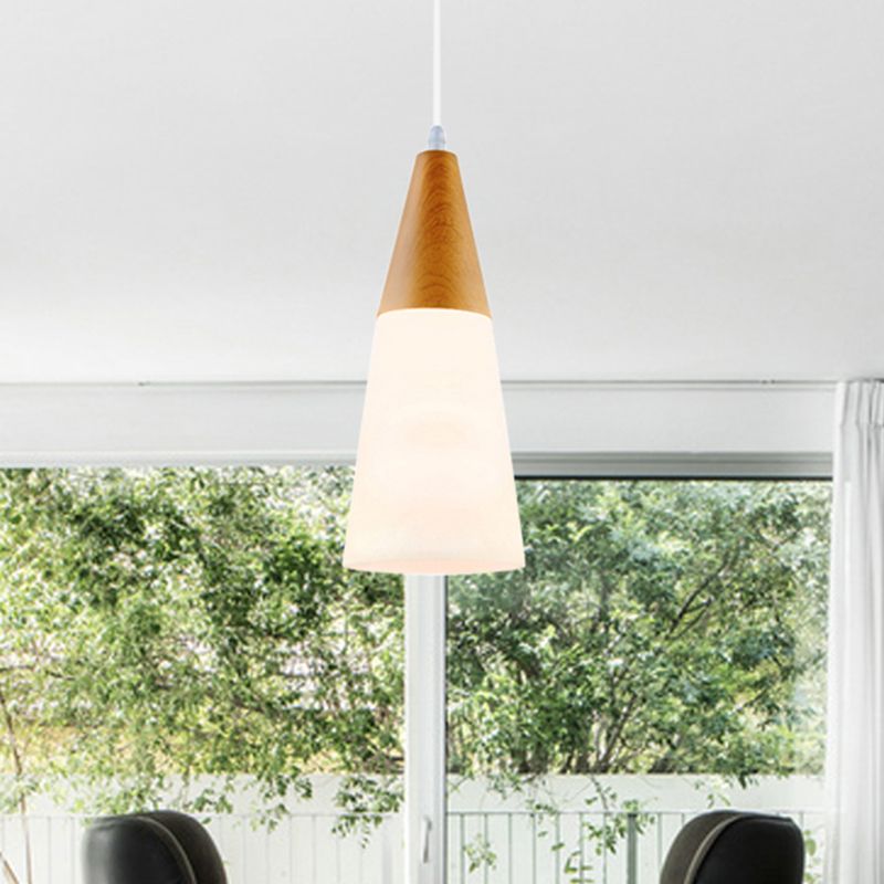 Cone Milk Glass Suspension Pendant Modern 1 Light 5"/7.5"/10.5" Wide Natural Wood Hanging Light Fixture