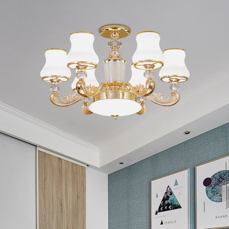 6 Lights Flared Semi Flush Mount Simple Gold Frosted Glass Ceiling Light with Crystal Accent