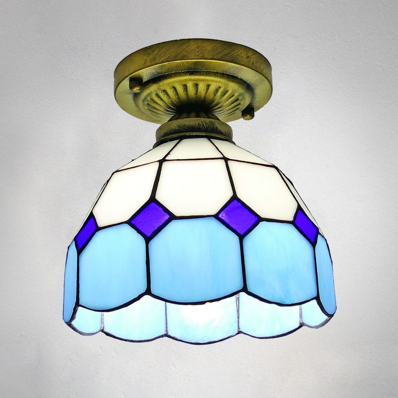1 Head Flush Mount Light Classic Bell Shade Gridded Glass Semi Flush Ceiling Light