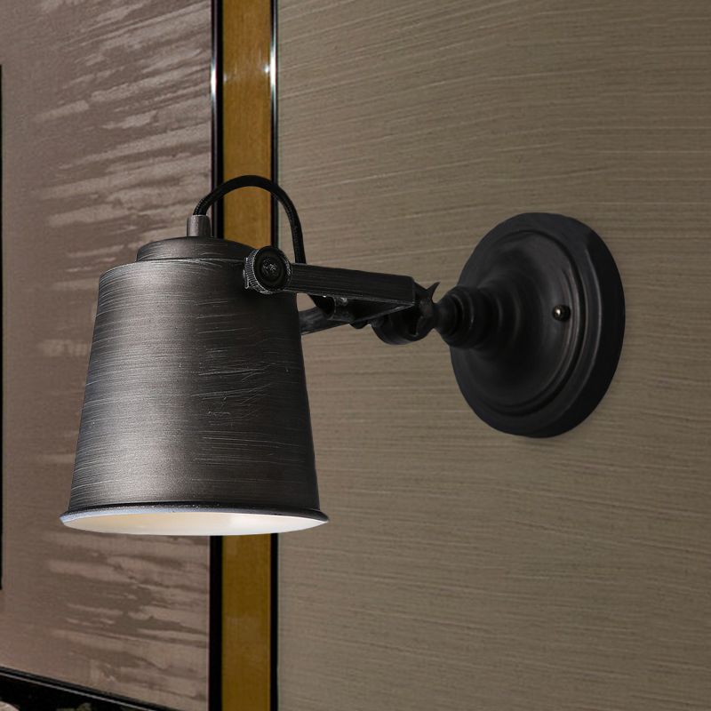 Antique Style Bucket Wall Light Sconce 1 Light Iron Adjustable Wall Mounted Lamp in Black/Grey for Outdoor