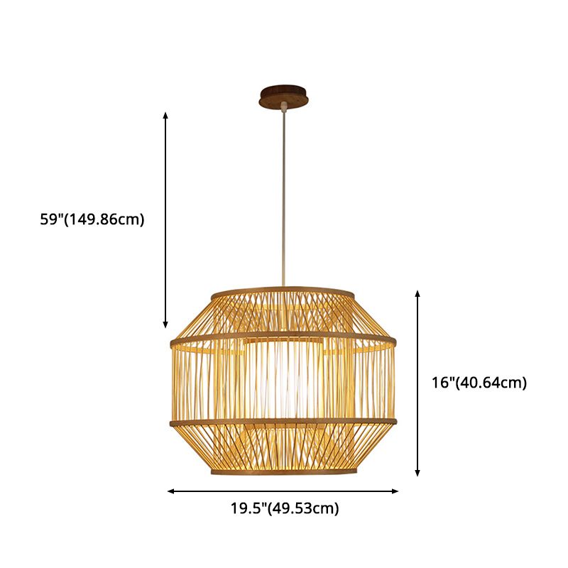 Beige Round Lantern Pendant Chinese Style 1 Bulb Bamboo Hanging Light for Dining Table