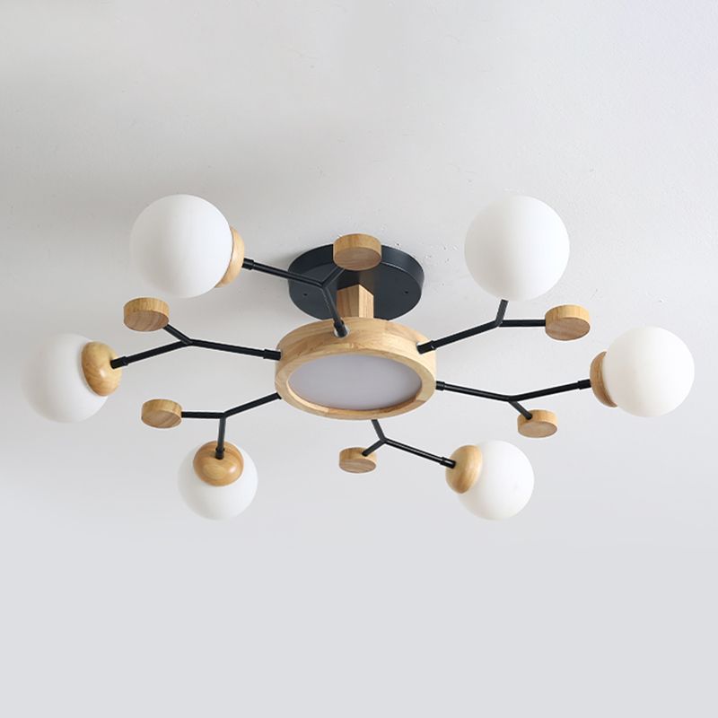 Nordic Solid Wood Ceiling Light White Glass Modos Semi Flush Light for Living Room