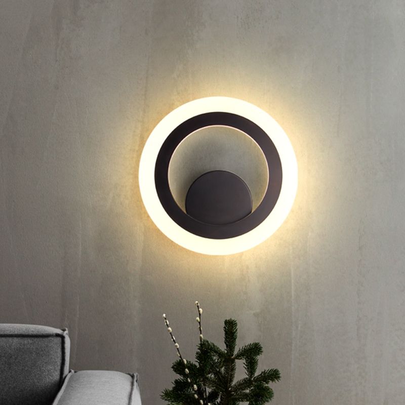 Round Bedroom Wall Sconce Light Metal LED Contemporary Wall Mounted Lamp in Black, Warm/White Light