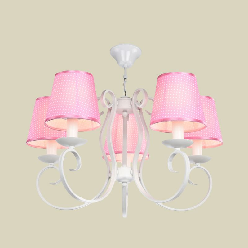 Minimalism Barrel Ceiling Chandelier Fabric 5 Lights Bedroom Hanging Light Fixture in Pink