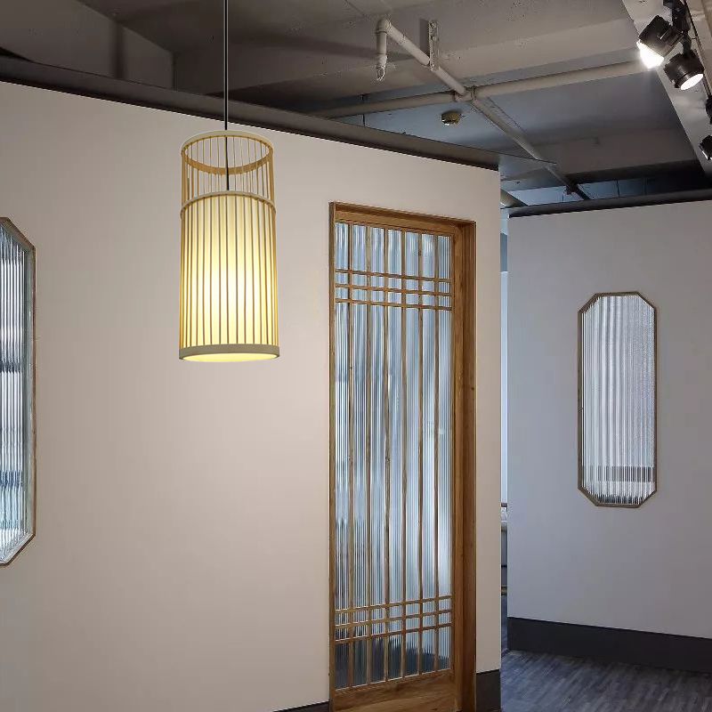 Cylinder Bamboo Shade Hanging Ceiling Lamp Contemporary Style 1 Light Beige Pendant Light Fixture