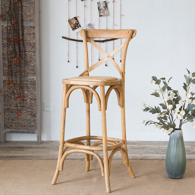 Oak Solid Wood and Rattan Bar Stool Modern Armless Indoor Bar Stool