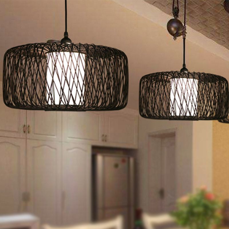 1 Light Restaurant Hanging Lamp with Drum Bamboo Shade Black Pendant Light Fixture, 16"/23.5" Wide