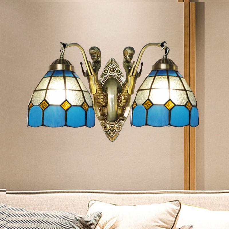 2-Head Domed Wall Mount Lighting Tiffany Dark Blue and White/Orange and White Stained Glass Mermaid Wall Sconce with Grid Pattern