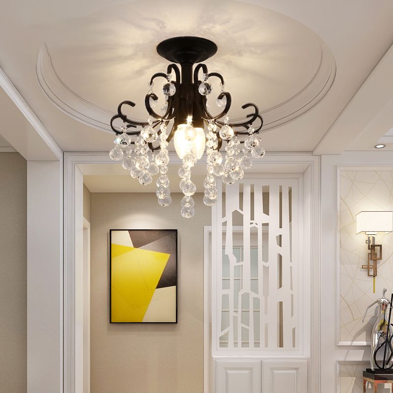 3-Bulb Semi Mount Lighting Vintage Swirl Crystal Ceiling Light in Black for Foyer