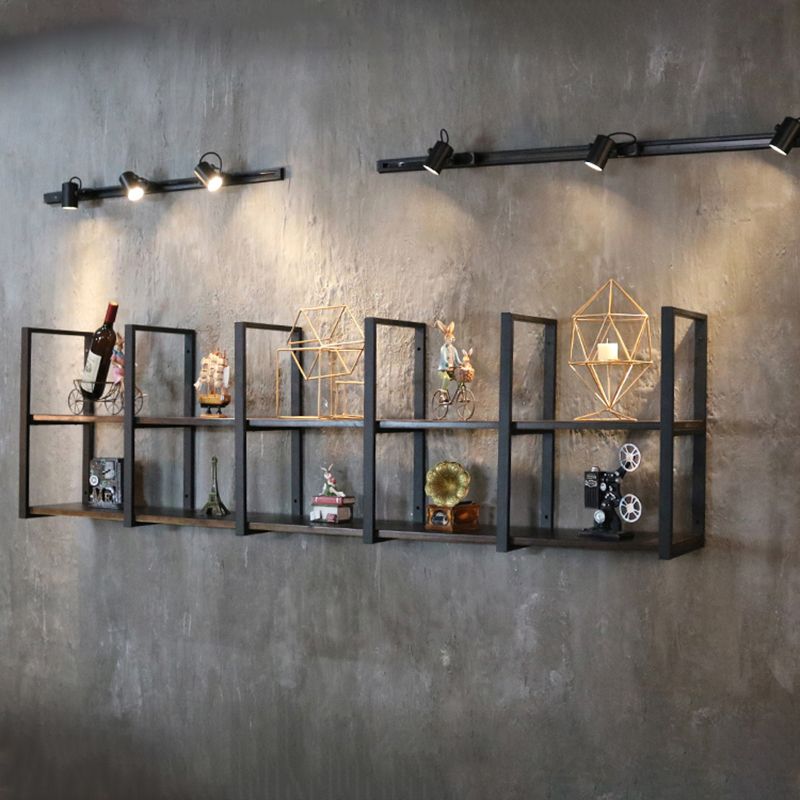 Industrial Wooden Storage Bookshelf Wall Mounted Bookcase with Rectangle Shelves