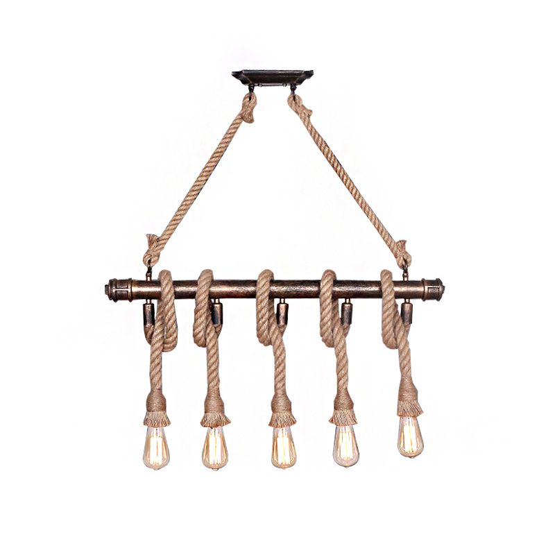 3/5 Heads Open Bulb Island Pendant Warehouse Beige Metal Hanging Ceiling Light for Dining Room with Rope Wrapped Accent