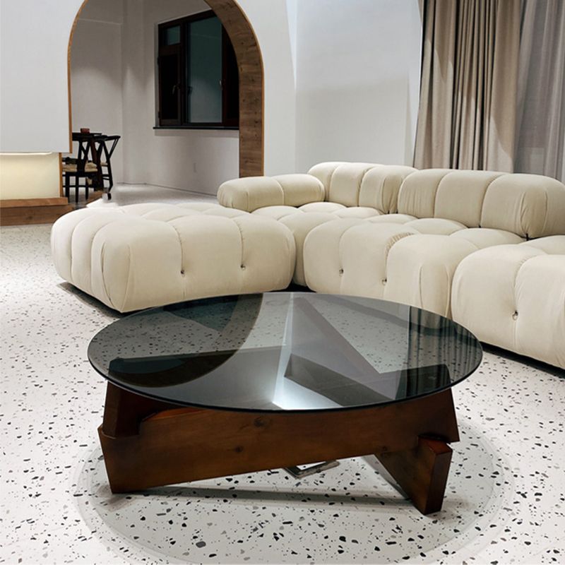 Round Glass-Topped Coffee Cocktail Table with Solid Wood Base