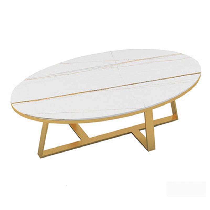 17.7" H Glam Oval Slate Coffee Table Metal Cross Legs Cocktail Table