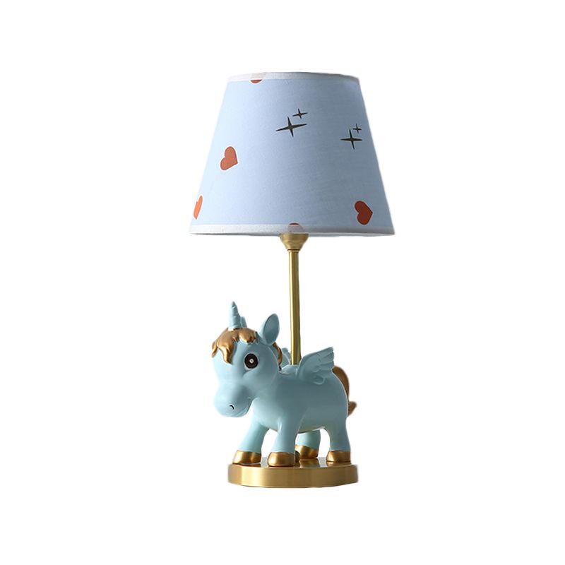 Cone Shade Night Light Kids Print Fabric 1 Bulb Pink/Blue Table Lighting with Unicorn Base