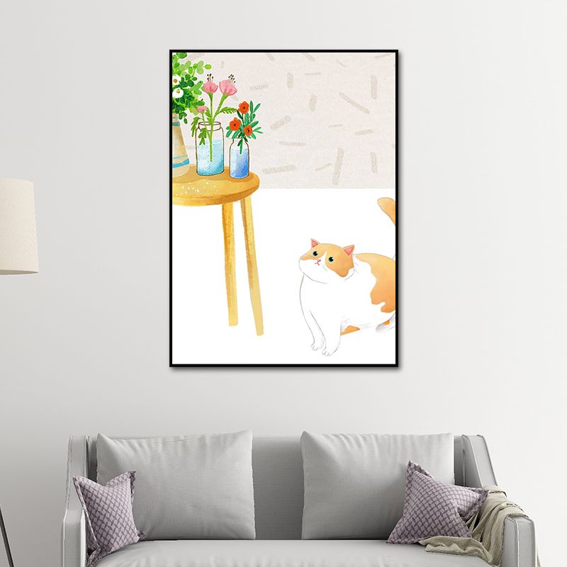 Cartoon Wall Art Kids Chubby Cats Leisure Life Canvas Print in Light Color
