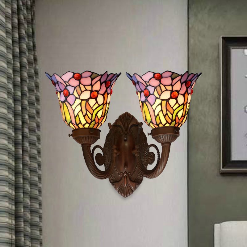 Pink/Blue Flared Wall Sconce Lighting Mediterranean 2 Heads Hand Cut Glass Wall Light Fixture with Fruit Pattern