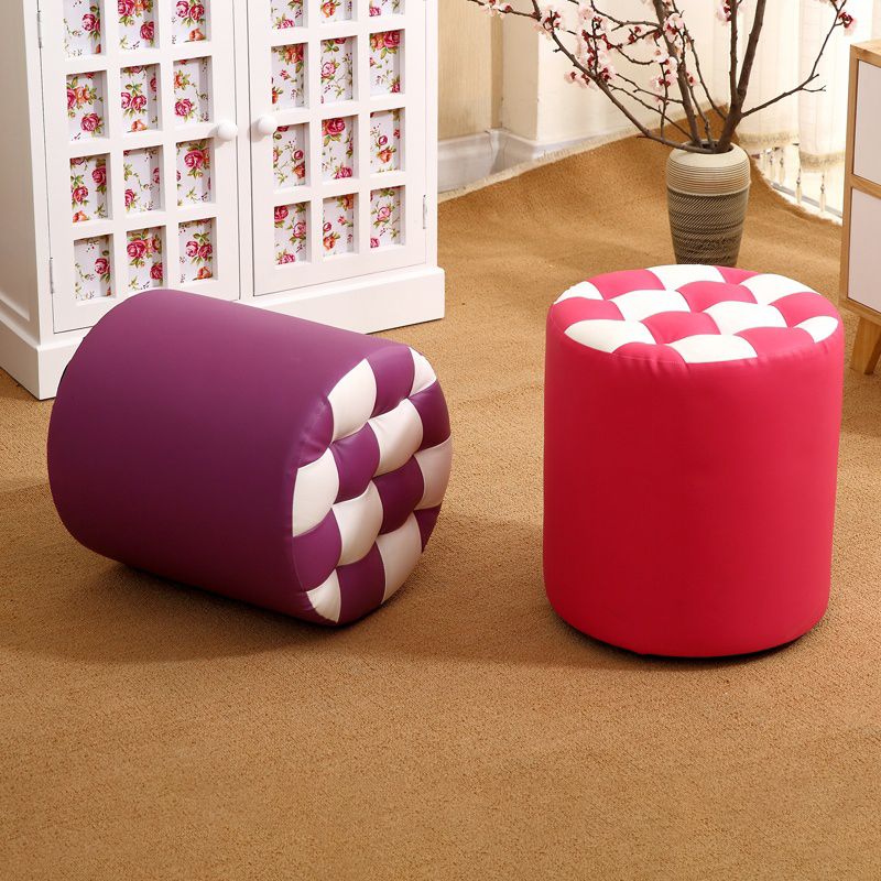 Ottoman Round Faux Leather Plaid Print Modern Tufted Tufted Ottoman