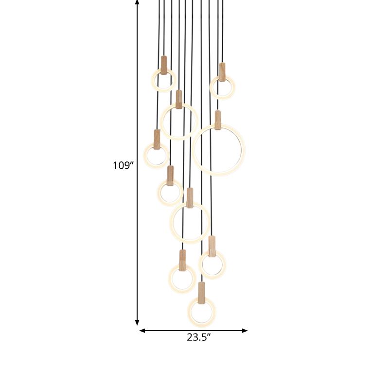 Rings Acrylic Cluster Pendant Light Simple 10 Heads Living Room Hanging Ceiling Lamp in White, Round/Linear Canopy
