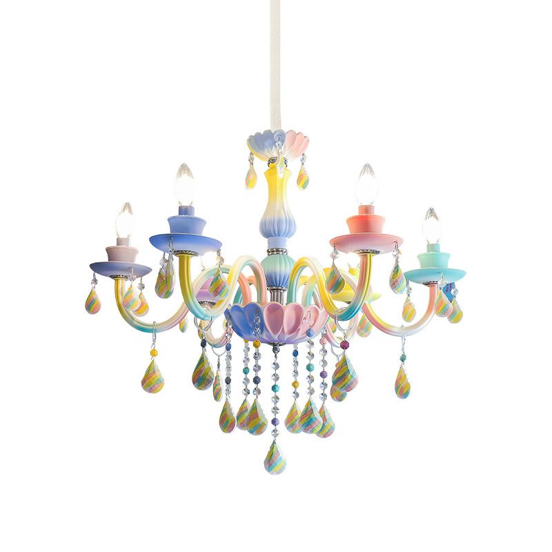 Curvy Arm Pendant Chandelier Kids Crystal 6 Heads Blue Hanging Light Kit with Candle Design