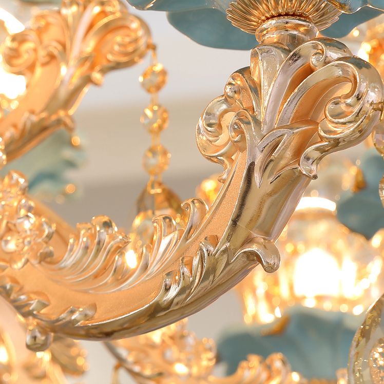 European Style Chandelier Metal Flower Shape Hanging Light with Crystal for Bedroom