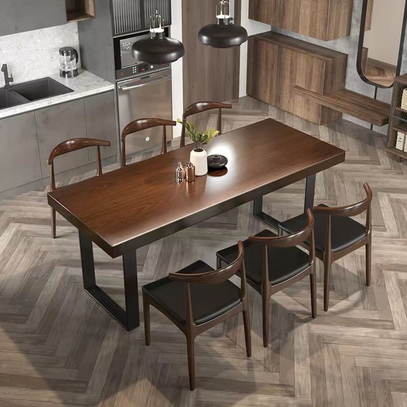 Brown Solid Wood Top Table Rectangle Black Iron Sled Base Dining Table