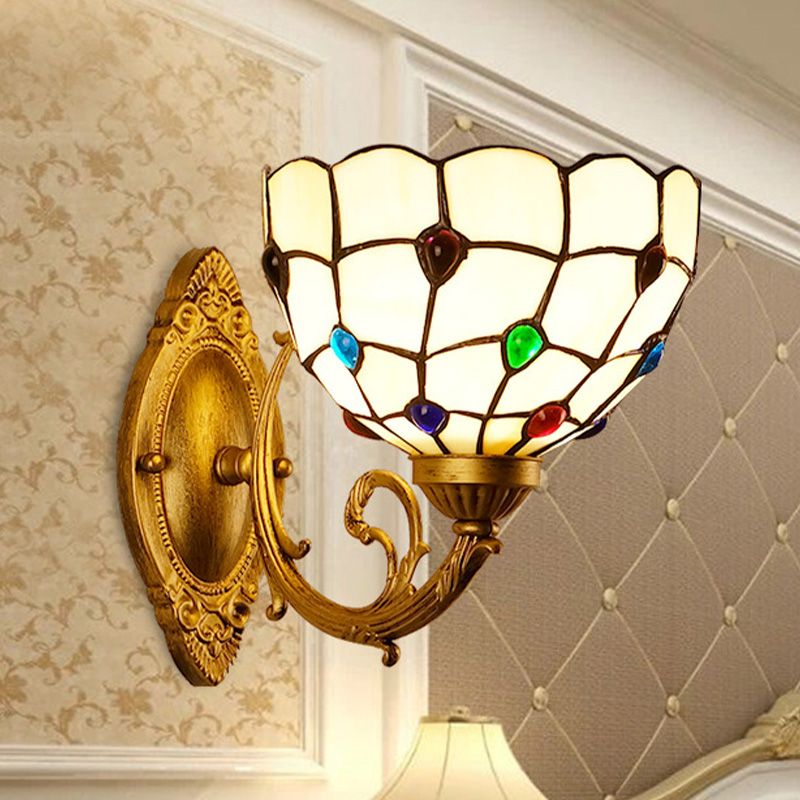 1 Light Bathroom Vanity Lamp Mediterranean Brass Sconce Light Fixture with Beaded White Glass Shade